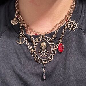 Gold-Tone Pirate Skull Cameo Necklace with Red Accent